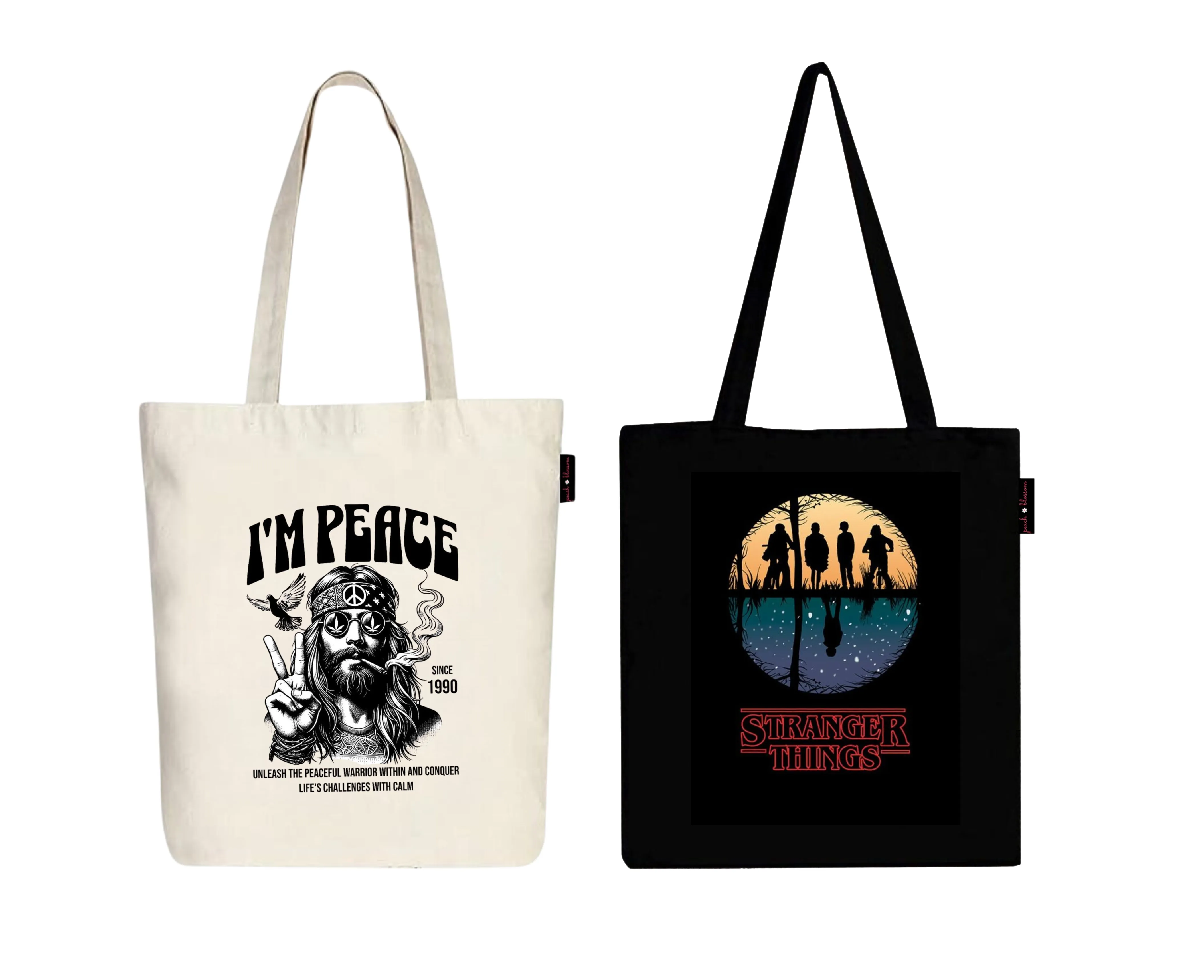 Peach Blossom Women's Cotton Printed Tote Bag With Zipper and Pouch | Pack Of 2 Combo