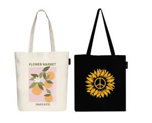 Peach Blossom Women's Cotton Printed Tote Bag With Zipper and Pouch | Pack Of 2 Combo