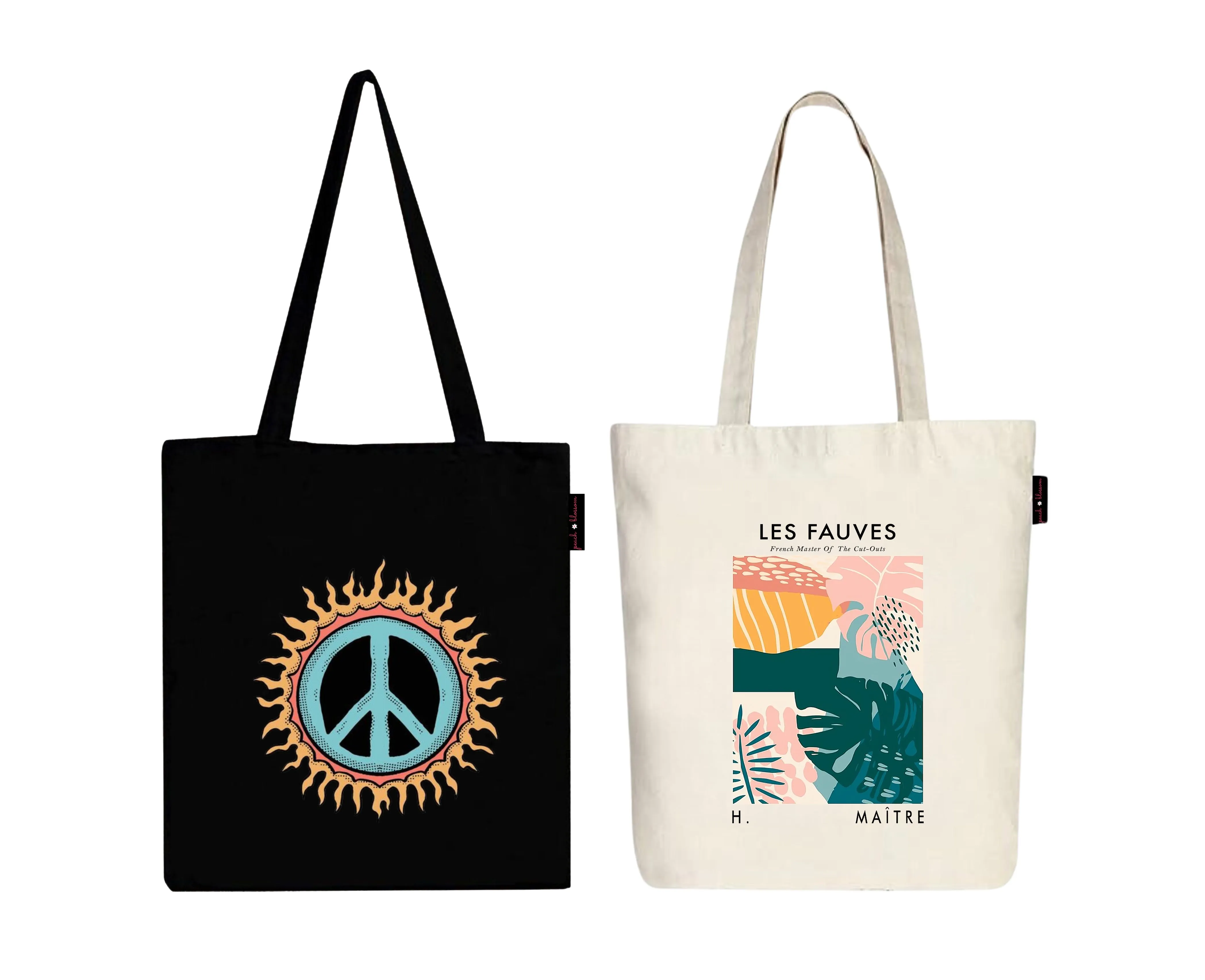 Peach Blossom Women's Cotton Printed Tote Bag With Zipper and Pouch | Pack Of 2 Combo