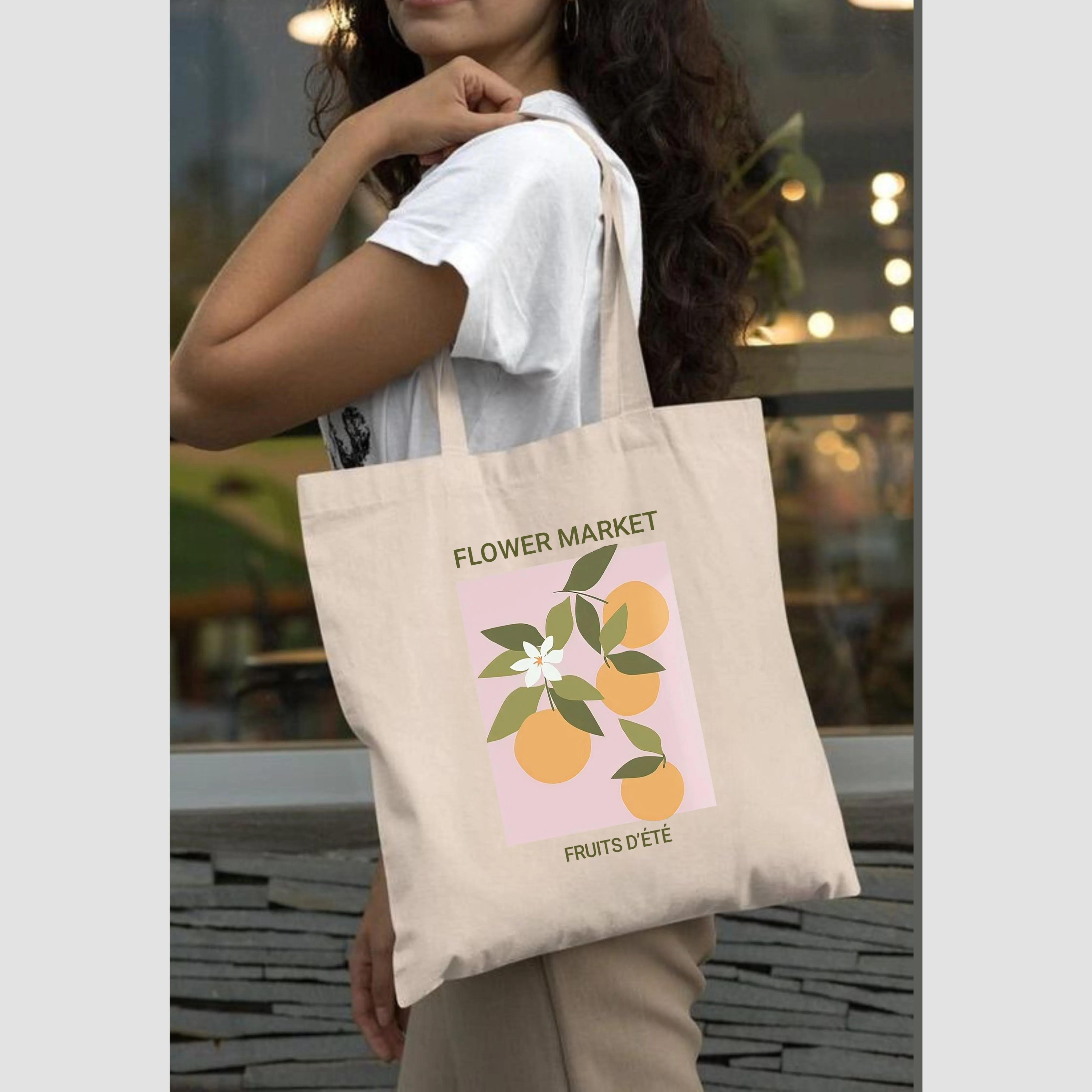 Peach Blossom Women's Cotton Printed Tote Bag With Zipper and Pouch