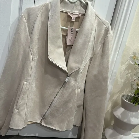 🤍Philosophy Women's Long Sleeve Faux Leather Zip Up Moto Jacket