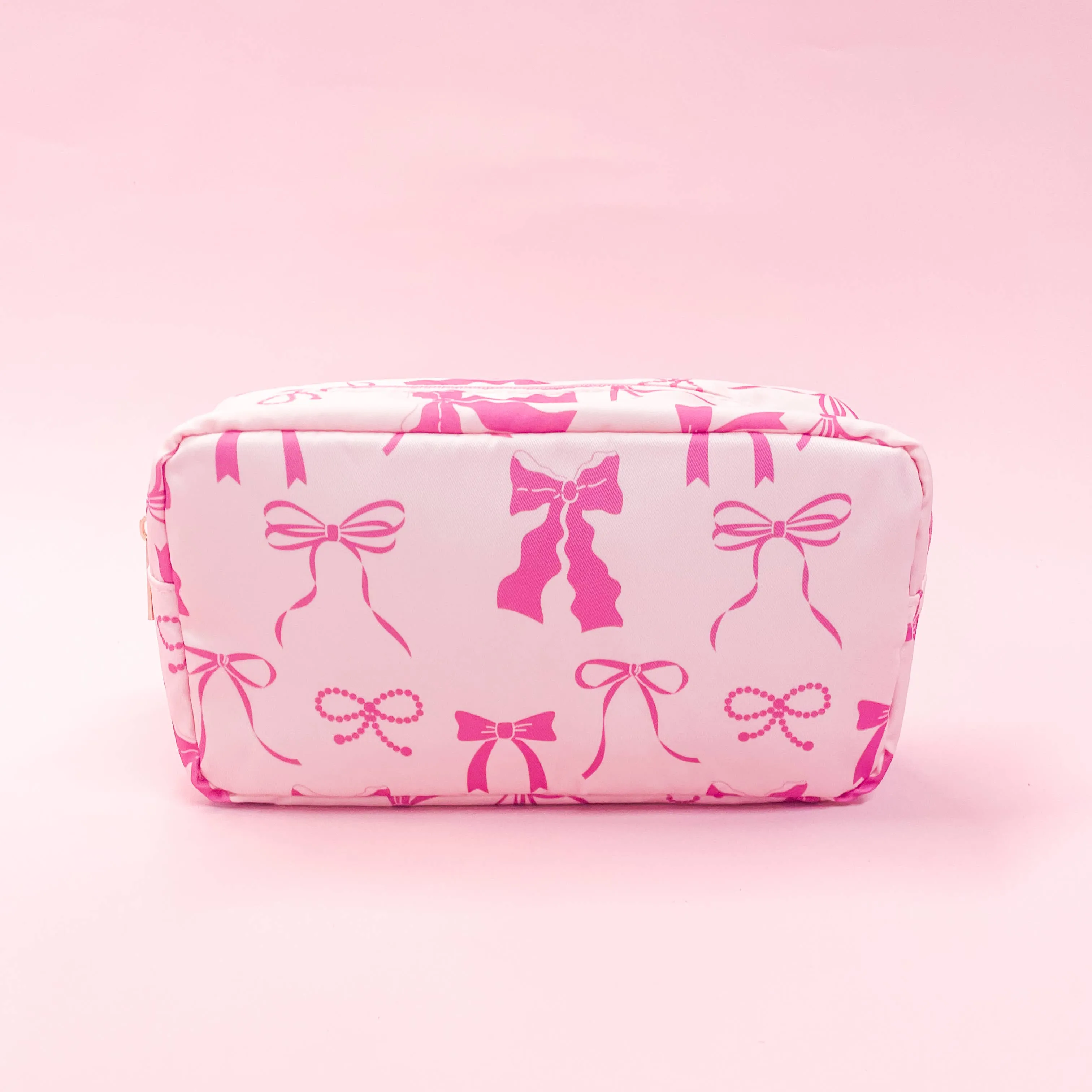 Pink Bows Nylon Cosmetic Zipper Bag: Medium