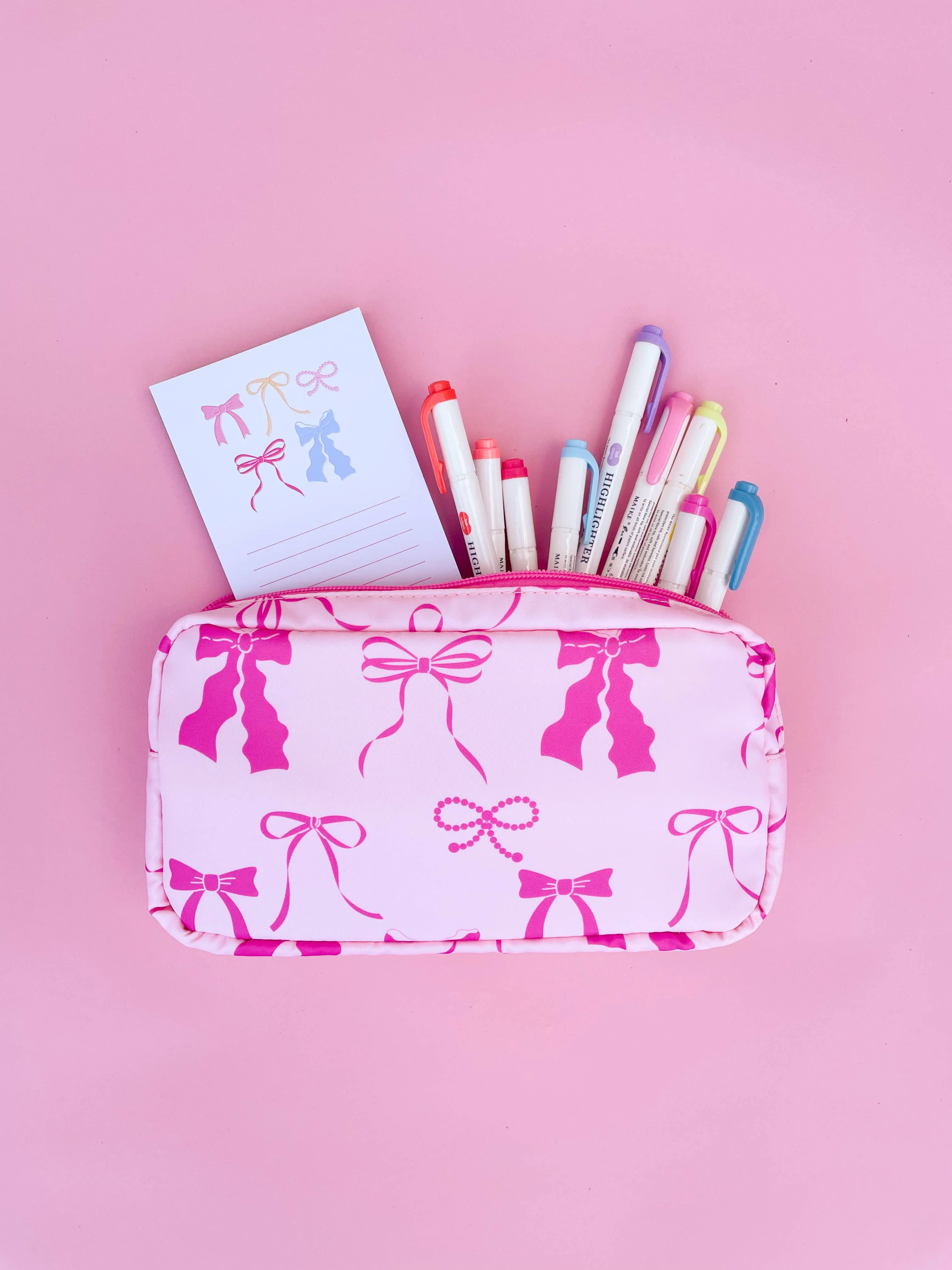 Pink Bows Nylon Cosmetic Zipper Bag: Small
