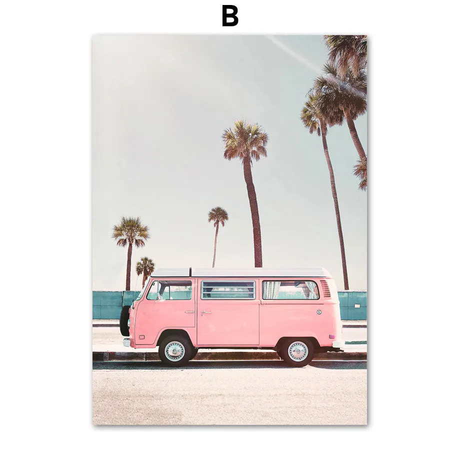 Pink Bus Cactus Pineapple Blue Sea Beach