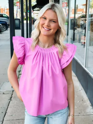 Pink Faux Leather Flutter Sleeve Top