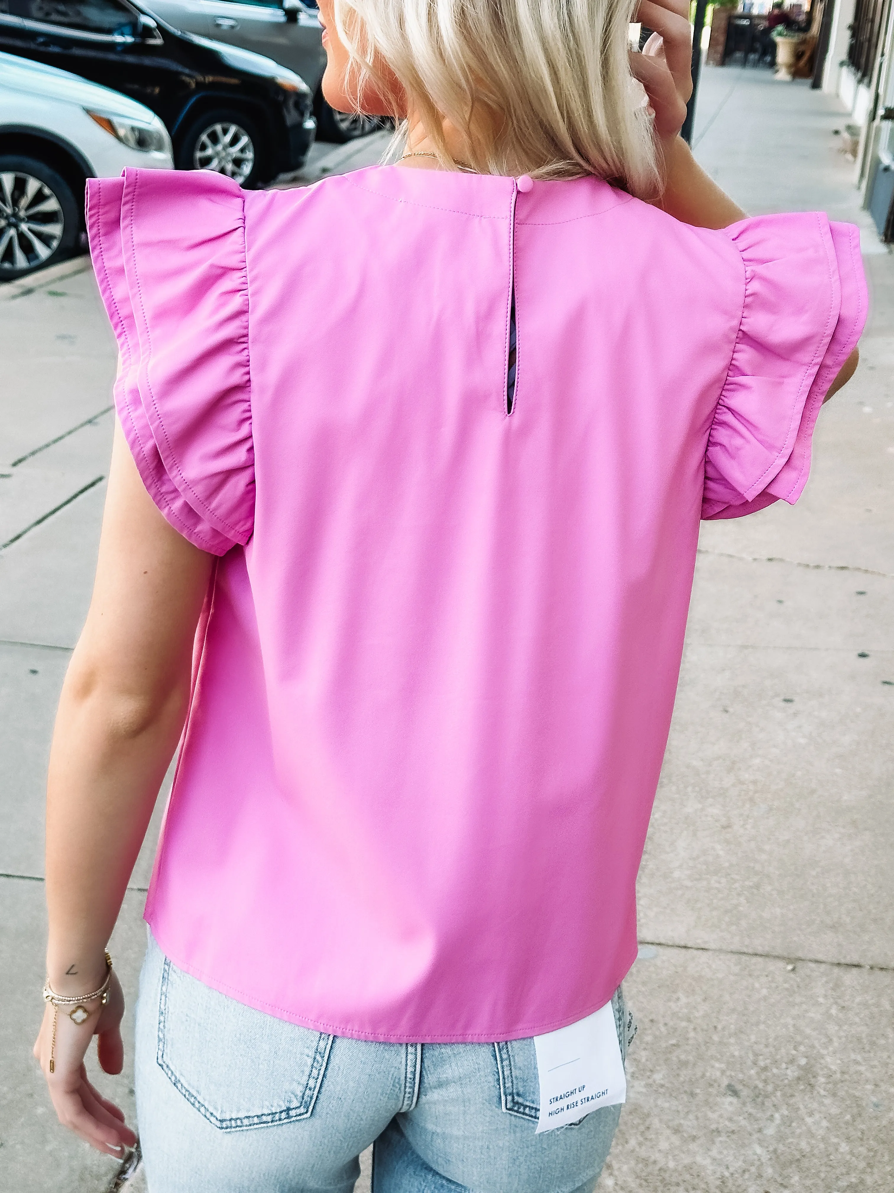 Pink Faux Leather Flutter Sleeve Top