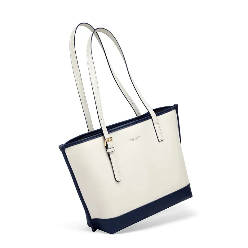 Premium White & Navy Faux Leather Tote Bag Handbag for Women - One Size
