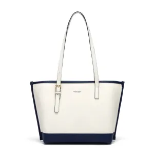 Premium White & Navy Faux Leather Tote Bag Handbag for Women - One Size