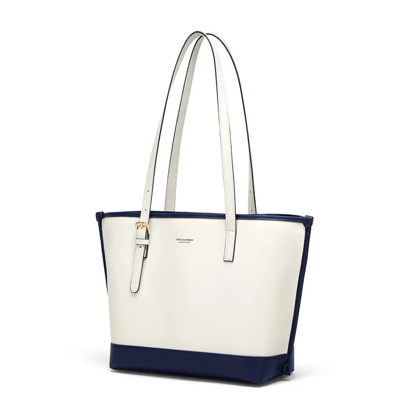 Premium White & Navy Faux Leather Tote Bag Handbag for Women - One Size