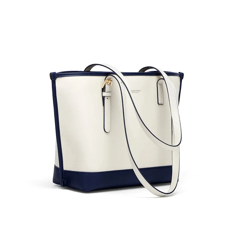 Premium White & Navy Faux Leather Tote Bag Handbag for Women - One Size