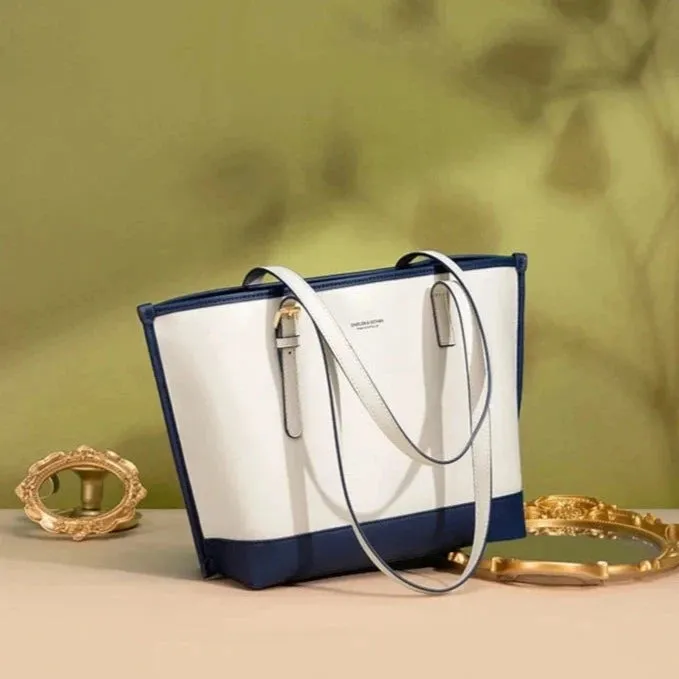 Premium White & Navy Faux Leather Tote Bag Handbag for Women - One Size