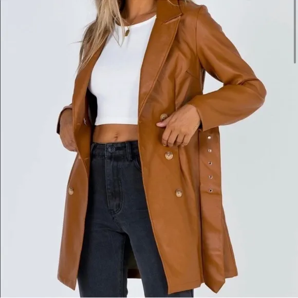 Princess Polly Faux Leather Brown long “Katie” jacket