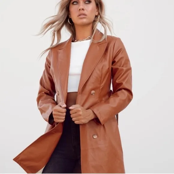 Princess Polly Faux Leather Brown long “Katie” jacket