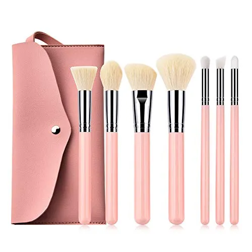 Pro 7pcs Makeup Brushes Kit with PU Bag Makeup Brush Wood Pink Handle