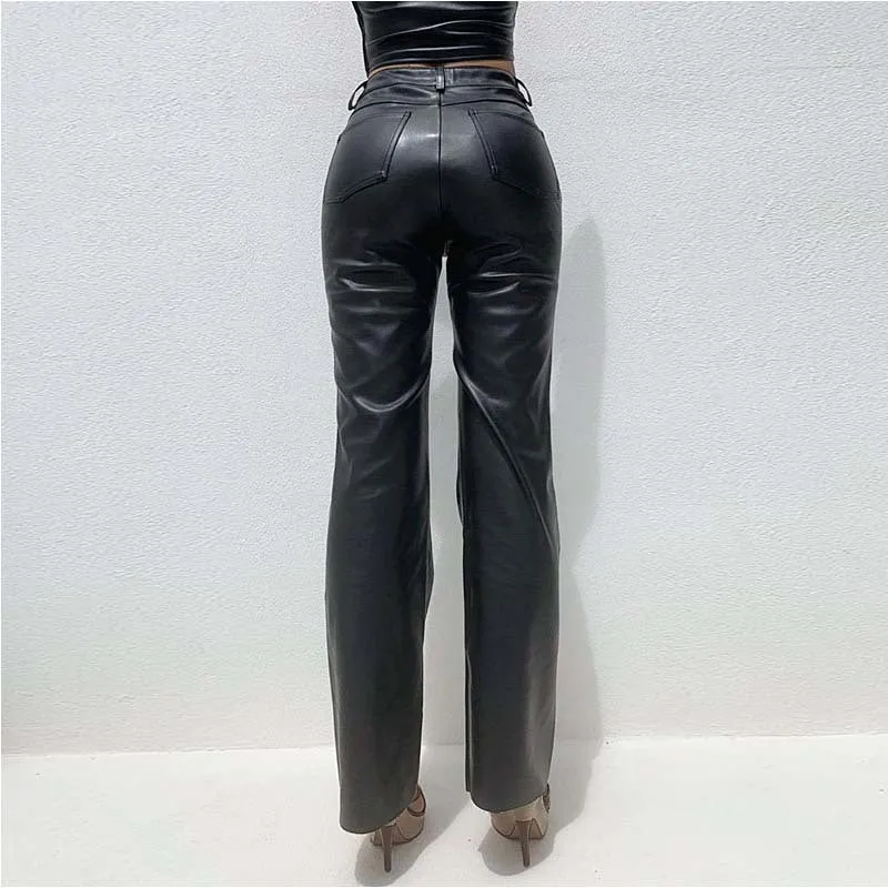PU leather slim black pants
