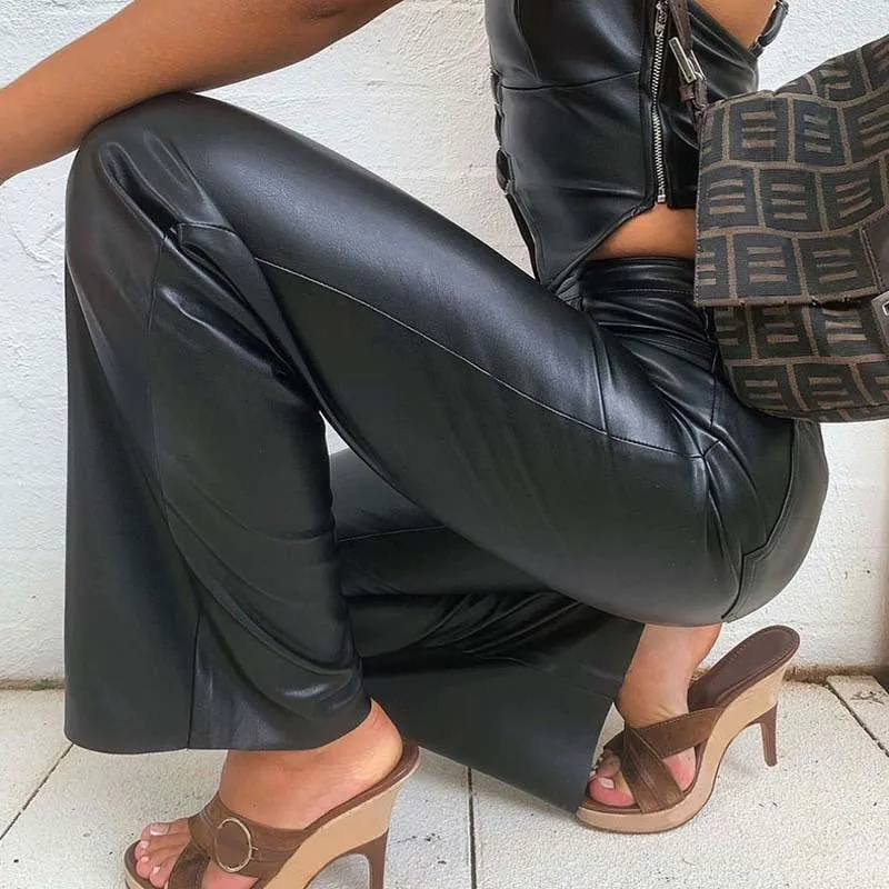 PU leather slim black pants