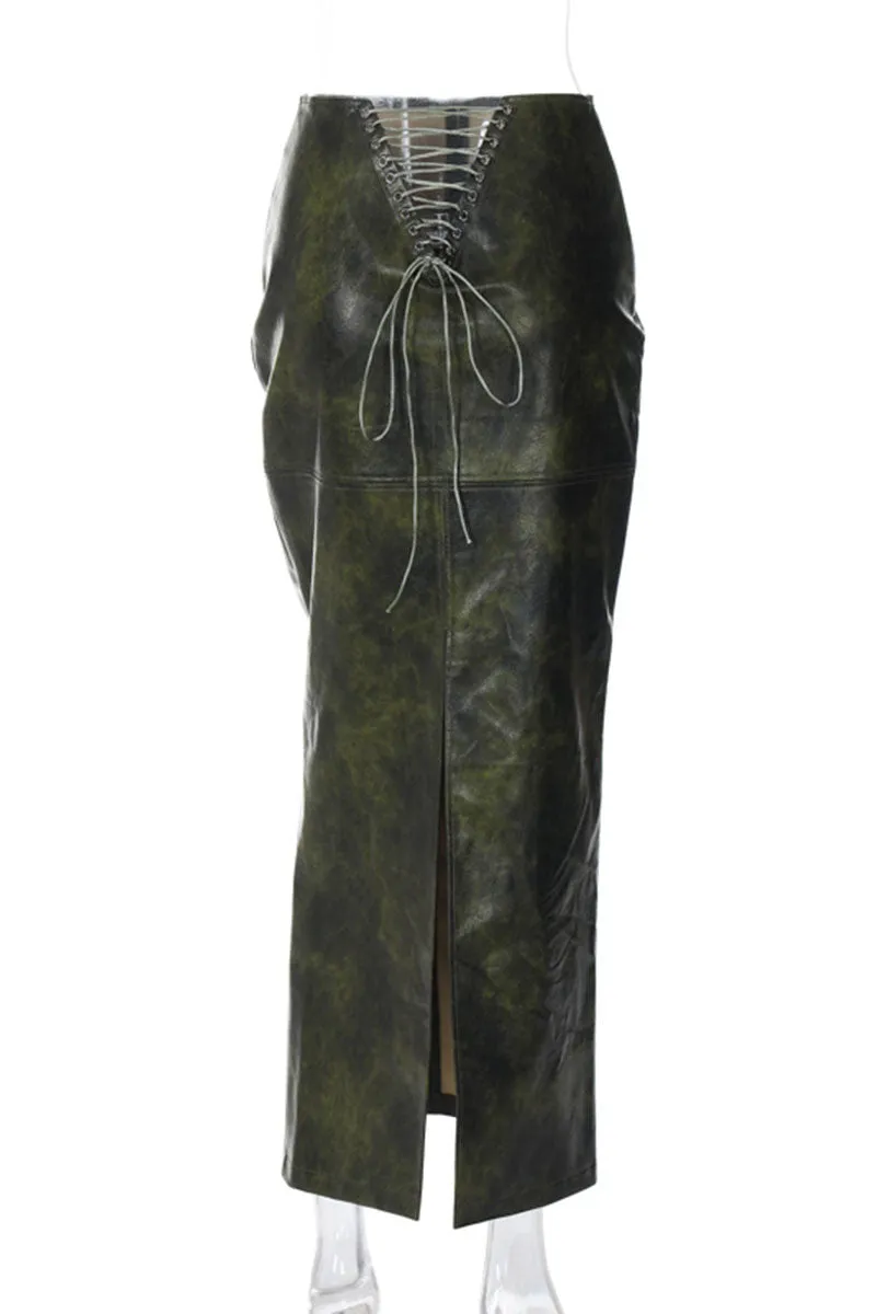 QJ0198 Vegan Leather Long Skirt