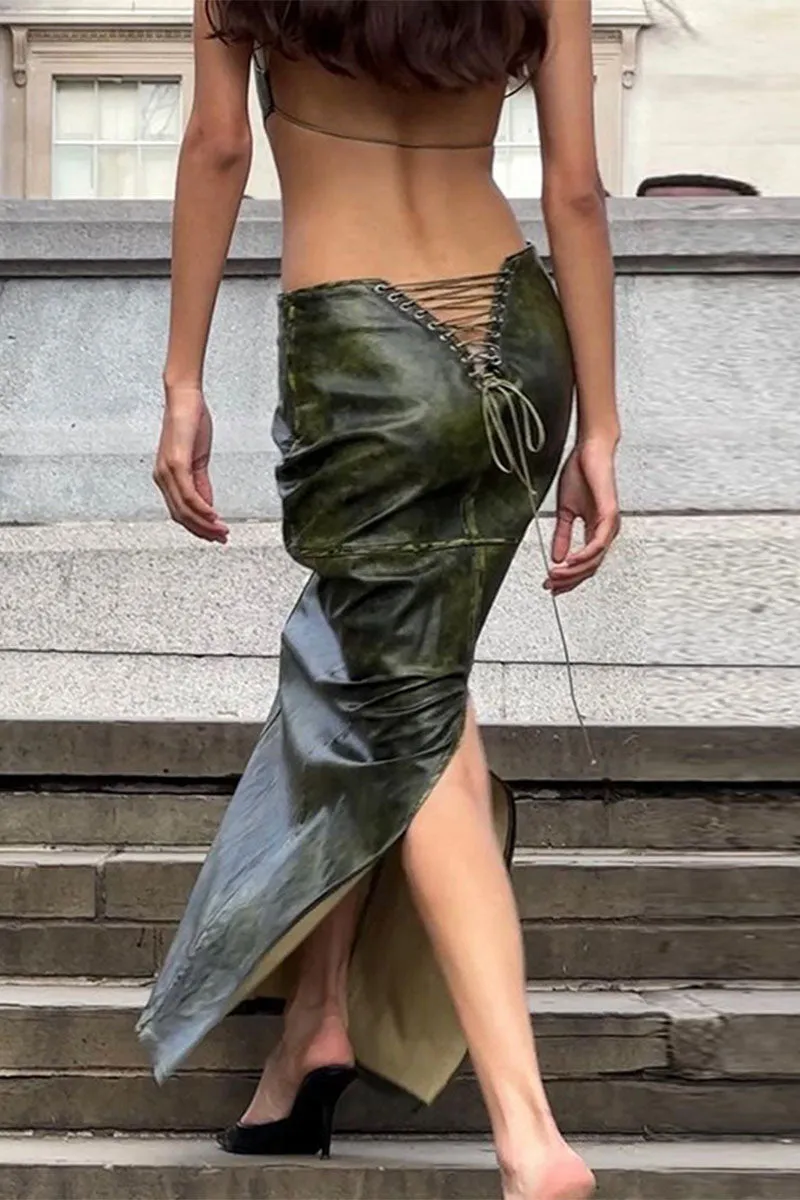 QJ0198 Vegan Leather Long Skirt
