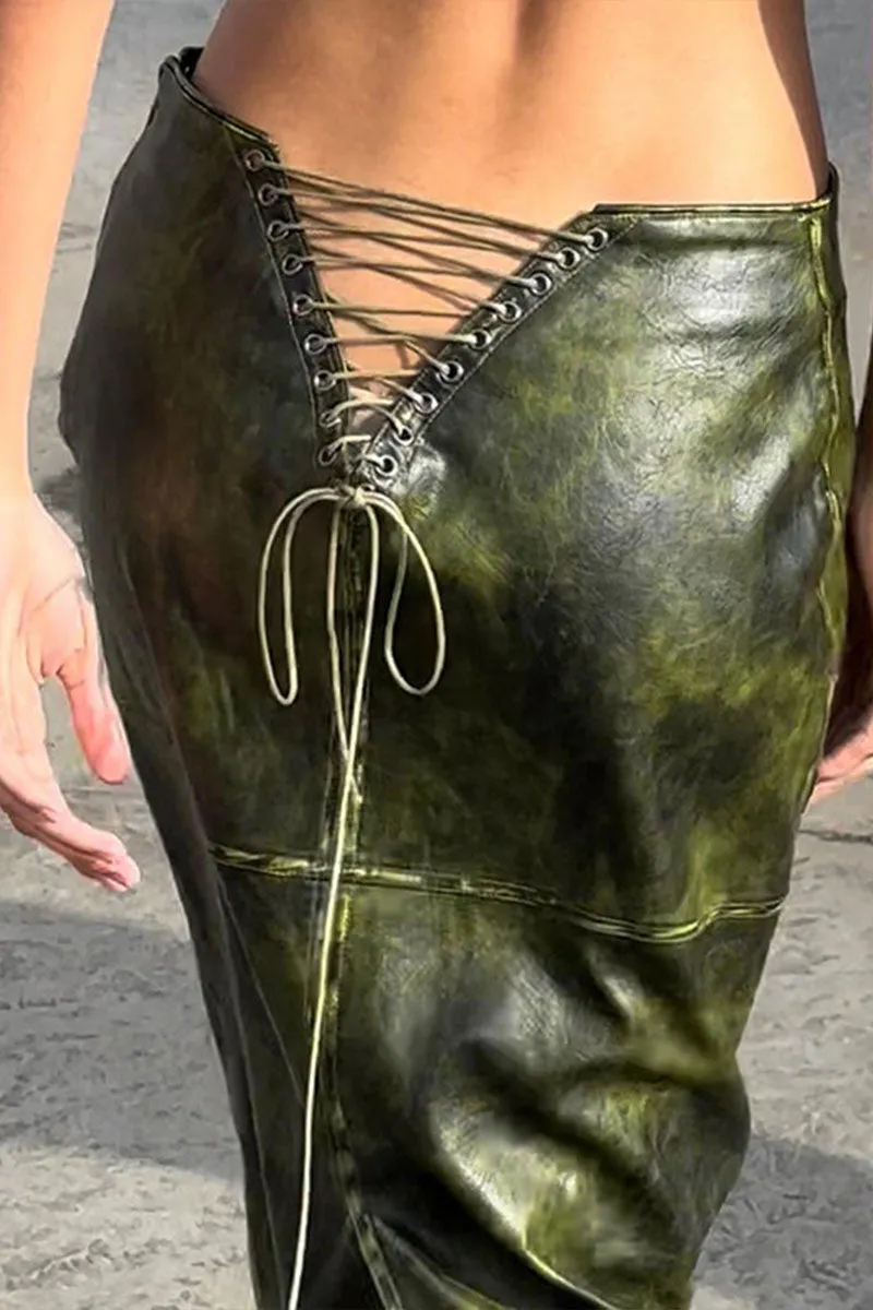 QJ0198 Vegan Leather Long Skirt