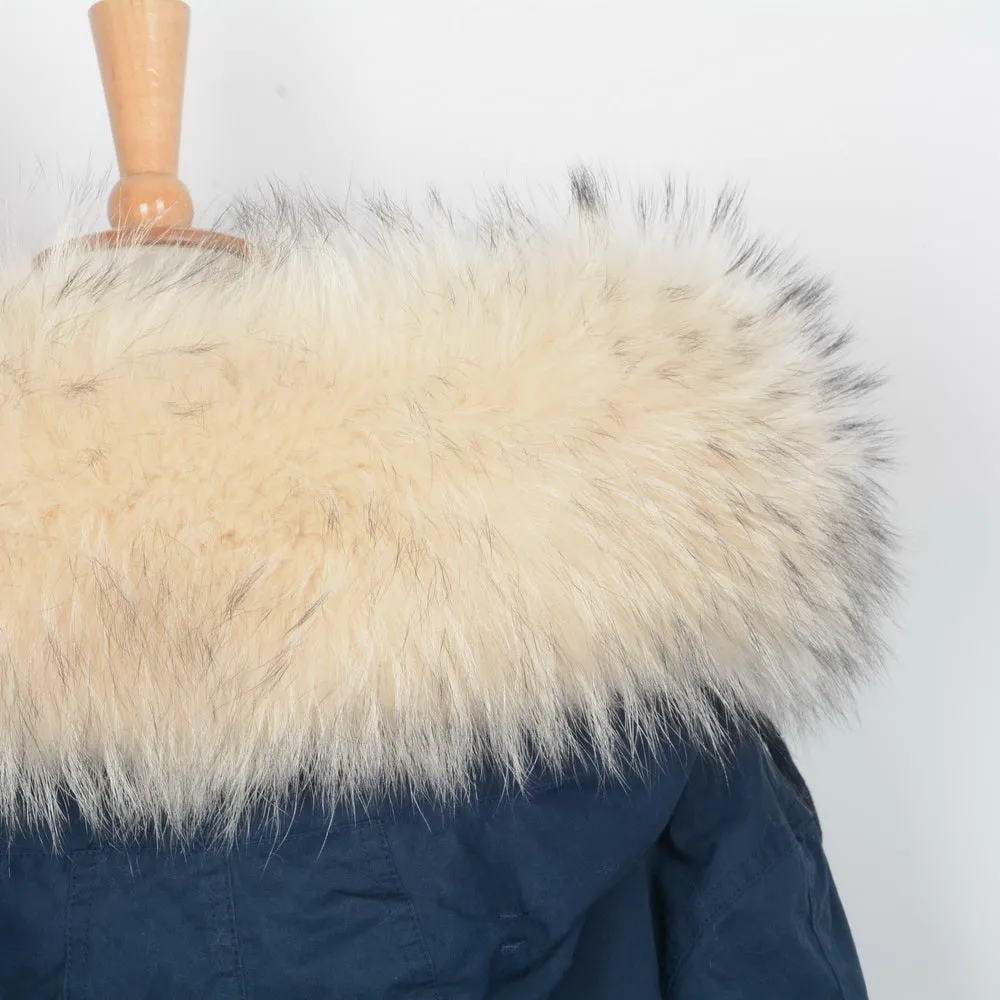 Real Fur Trim Raccoon Collar Parka Hood Women Beige Large