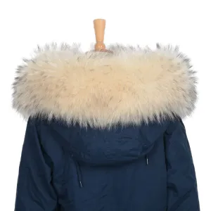 Real Fur Trim Raccoon Collar Parka Hood Women Beige Large