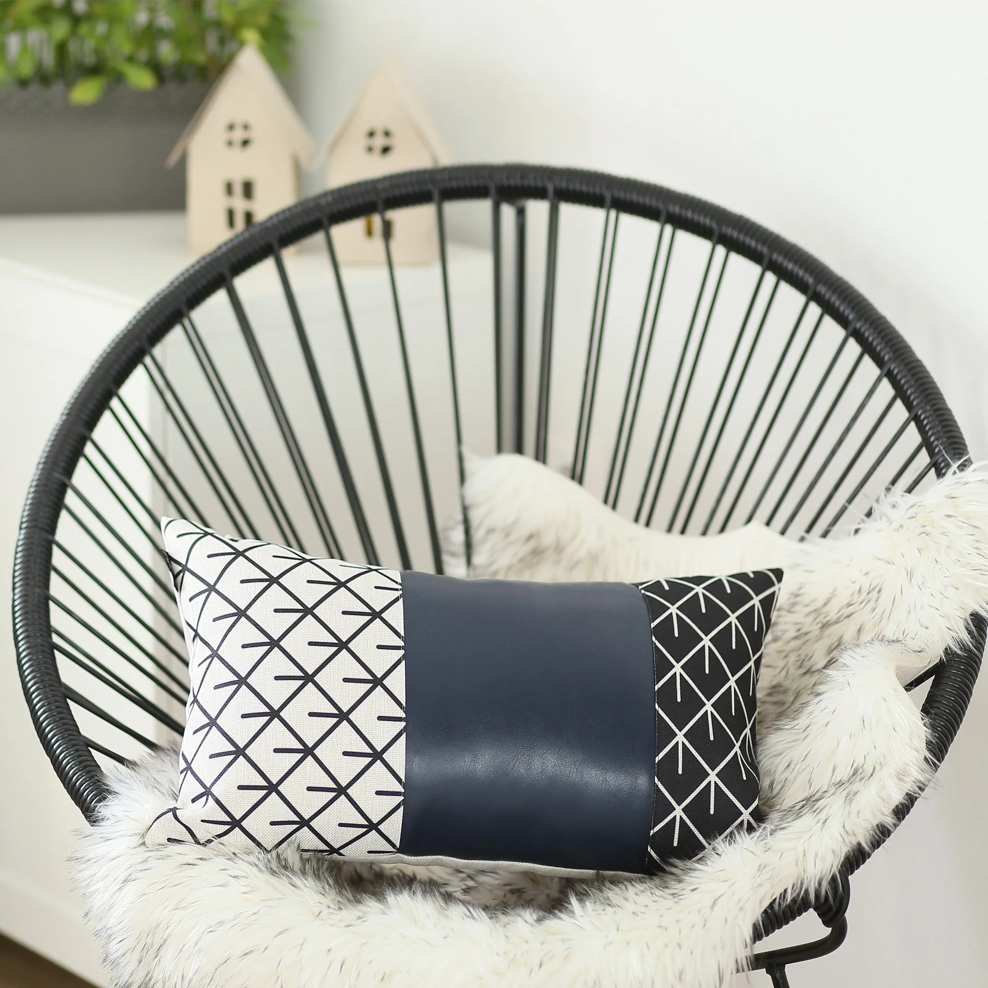 Rectangular Bohemian Lattice Pattern and Navy Blue Faux Leather Lumbar Pillow Cover