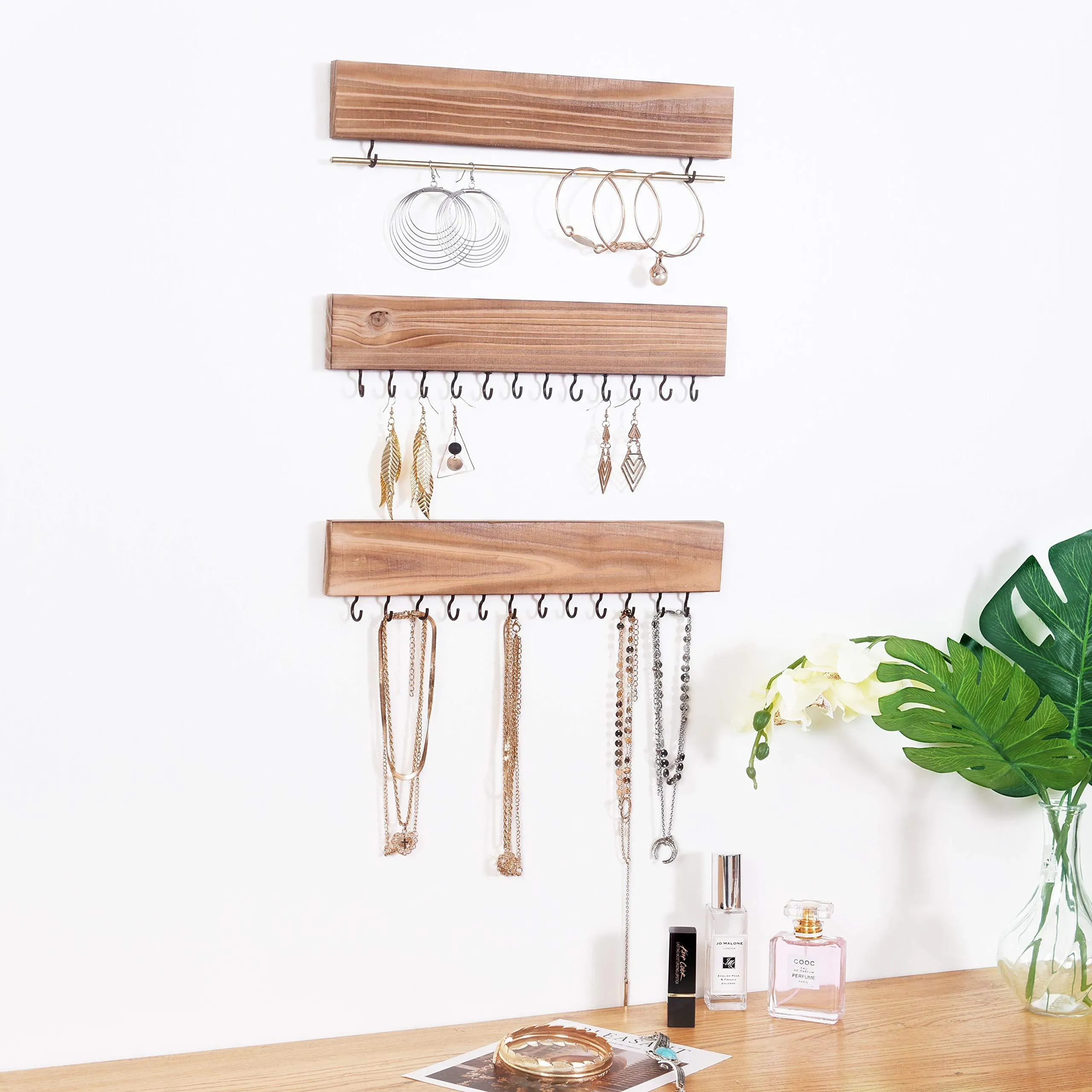 RHF Rustic Jewelry Organizers, Necklace Holder, Wall Mounted Storage Rack, Wood & Metal Jewelry Organizers,Bracelets Hook Racks,Earring Bar,Hanging Jewelry Organizer Display Home Decor, Set of 3