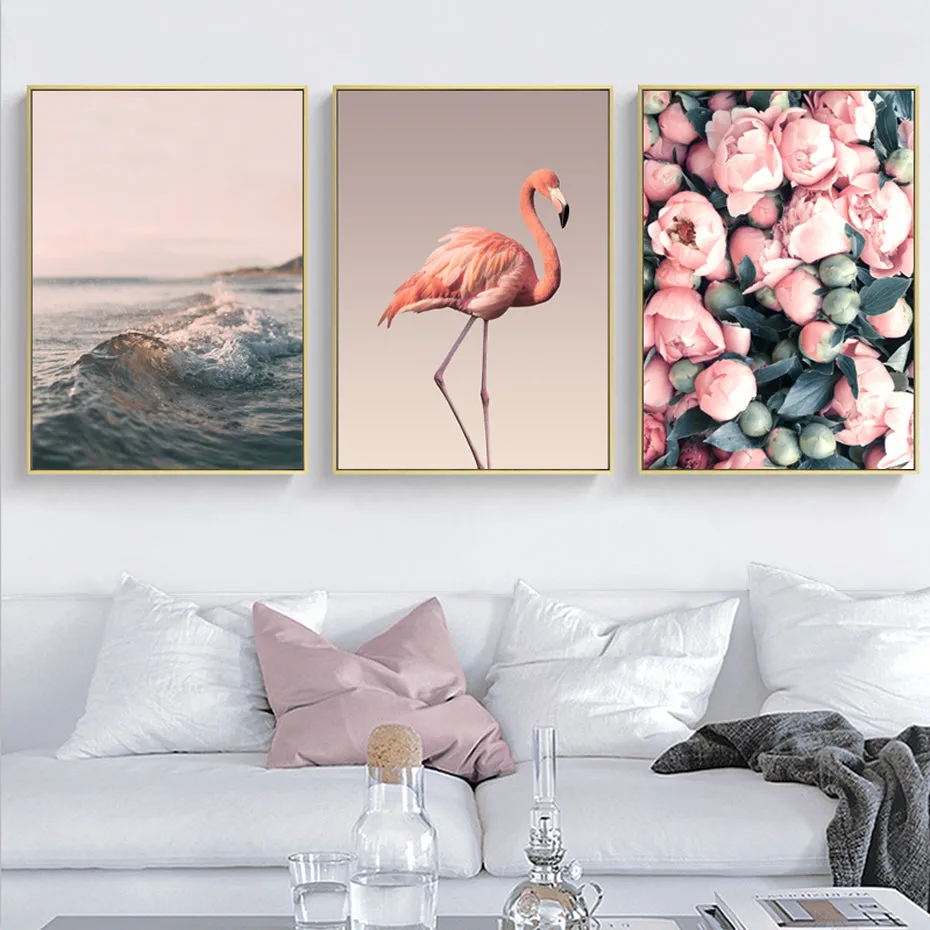 Romantic Pink Peony Flamingo Love Wall Art