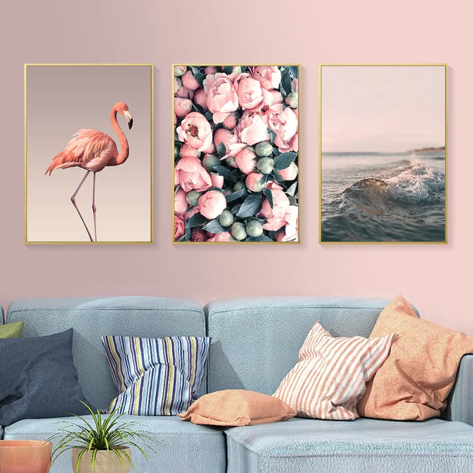 Romantic Pink Peony Flamingo Love Wall Art