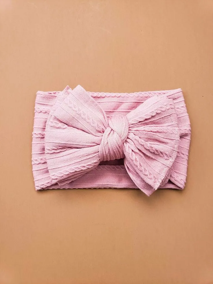 Ruby Cable Knit Big Bow Headband - Vintage Pink