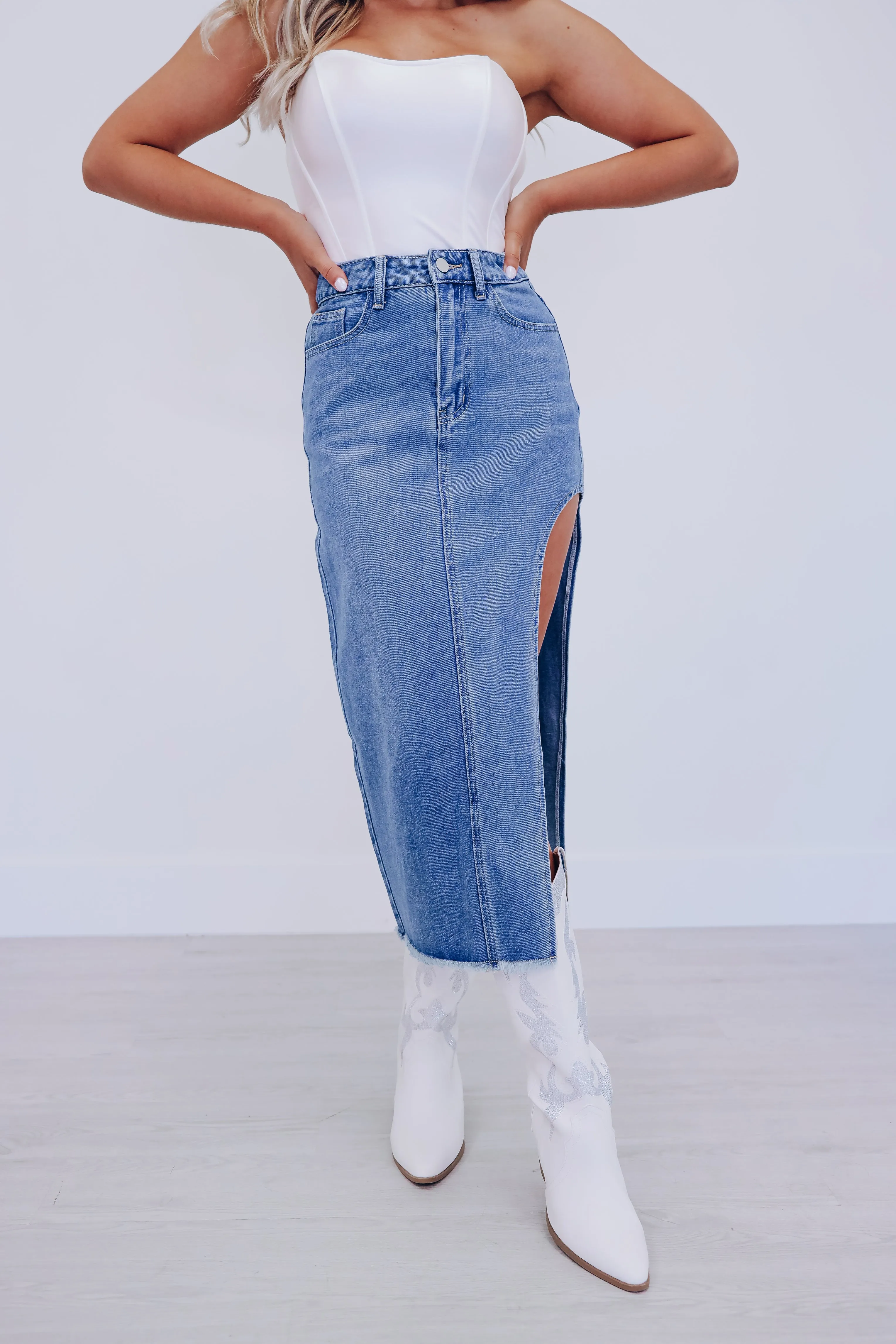Sarah Side Cut Sassy Denim Skirt