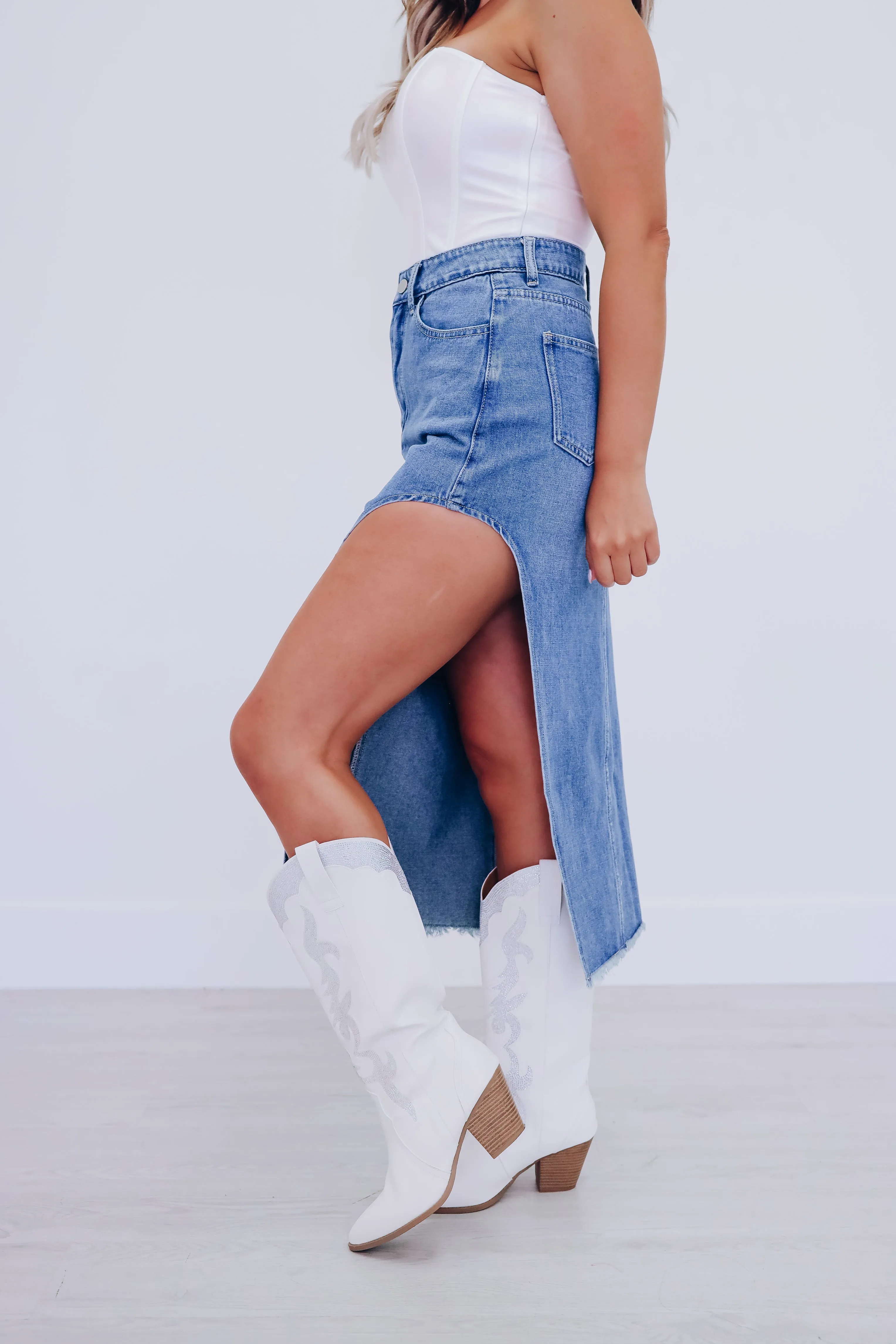 Sarah Side Cut Sassy Denim Skirt