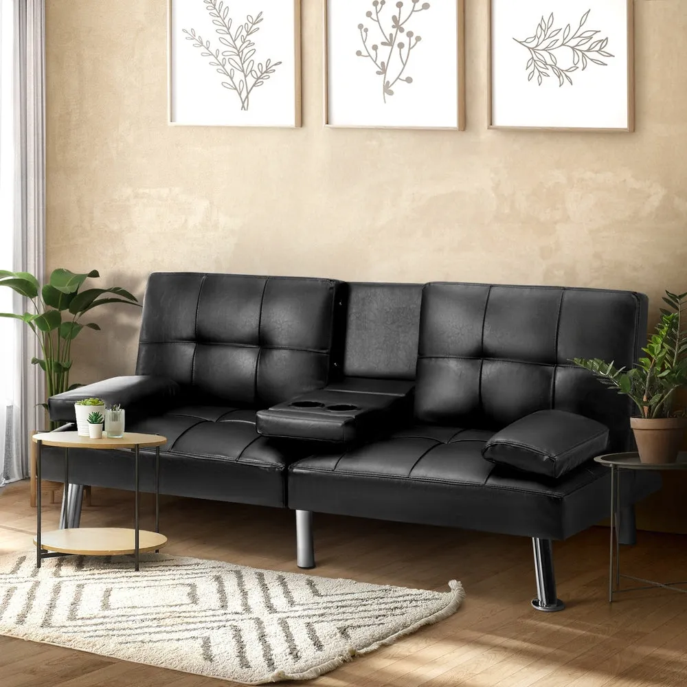 SEPPI 3-Seater Sofa Bed with Cup Holders Black Leather