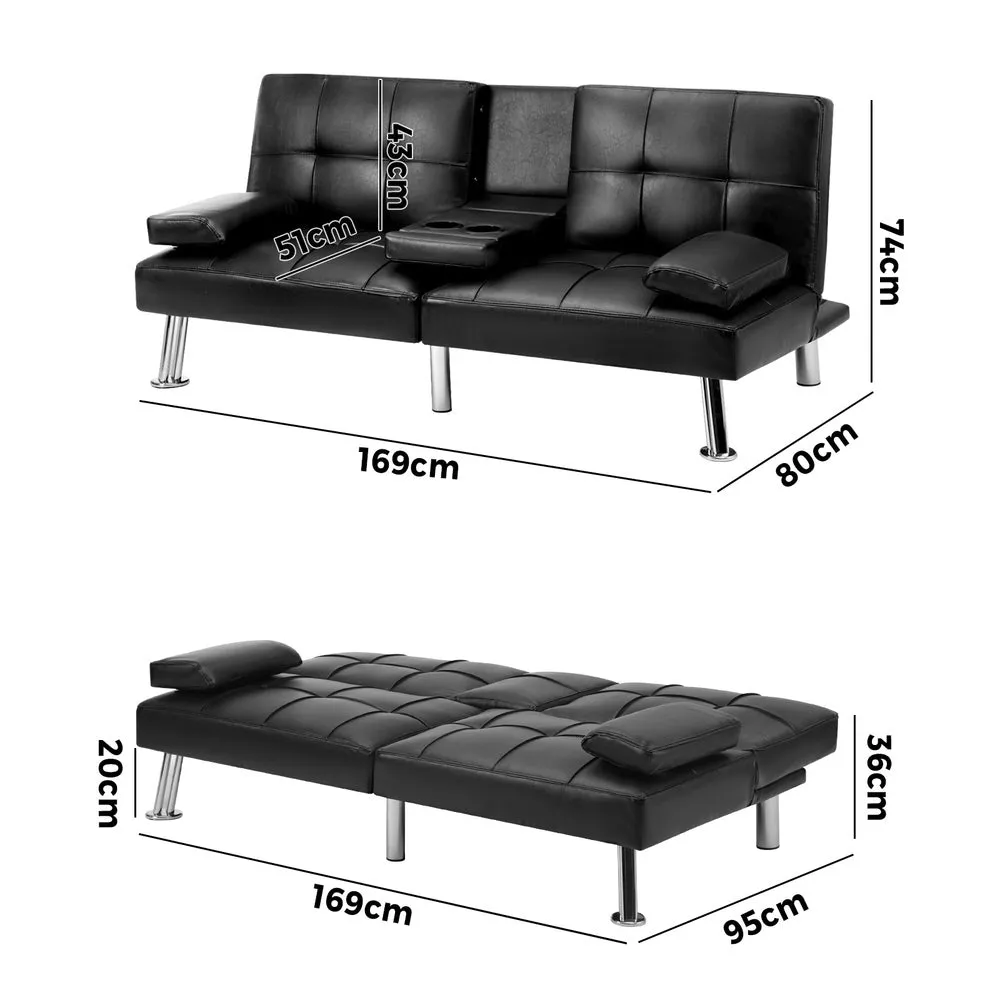 SEPPI 3-Seater Sofa Bed with Cup Holders Black Leather