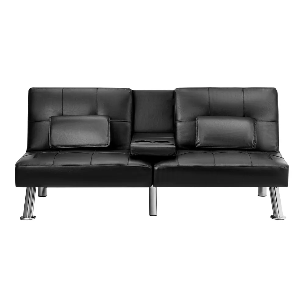SEPPI 3-Seater Sofa Bed with Cup Holders Black Leather