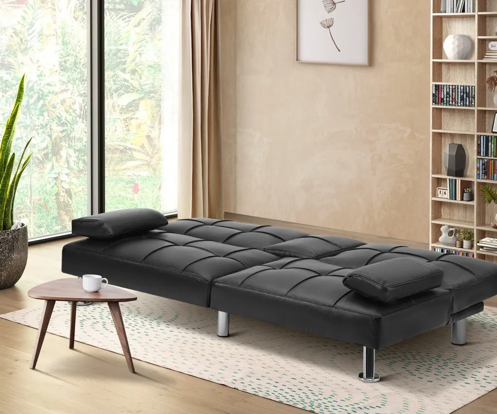SEPPI 3-Seater Sofa Bed with Cup Holders Black Leather