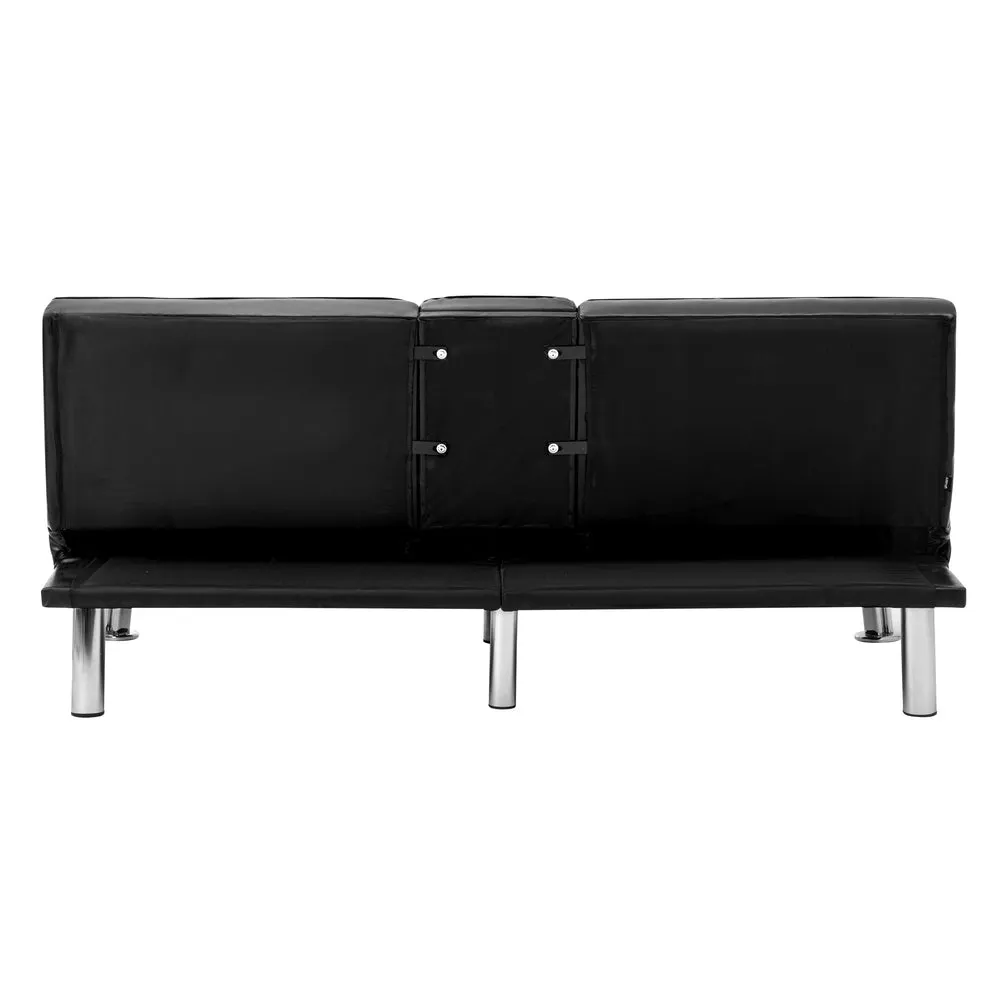 SEPPI 3-Seater Sofa Bed with Cup Holders Black Leather