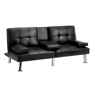 SEPPI 3-Seater Sofa Bed with Cup Holders Black Leather