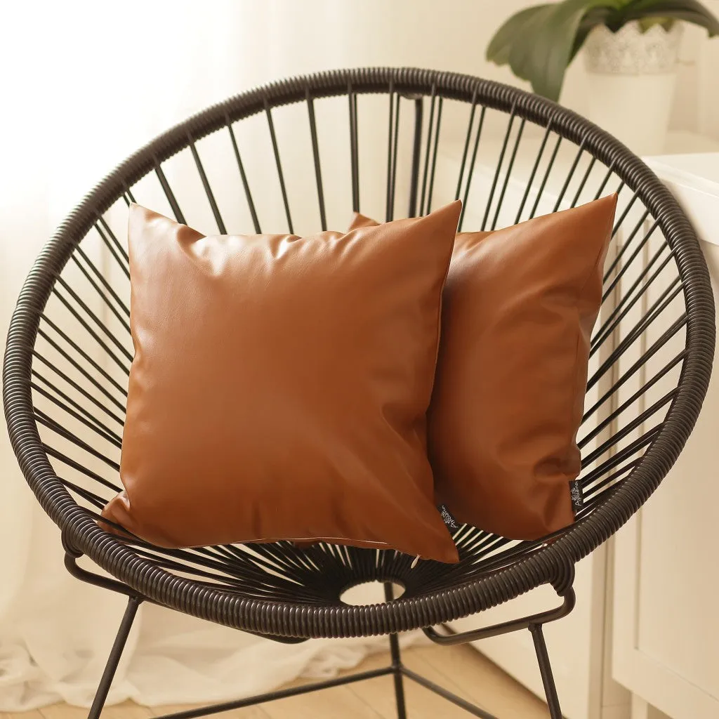 Set of 2 Warm-toned Solid Brown Faux Leather Pillow Covers