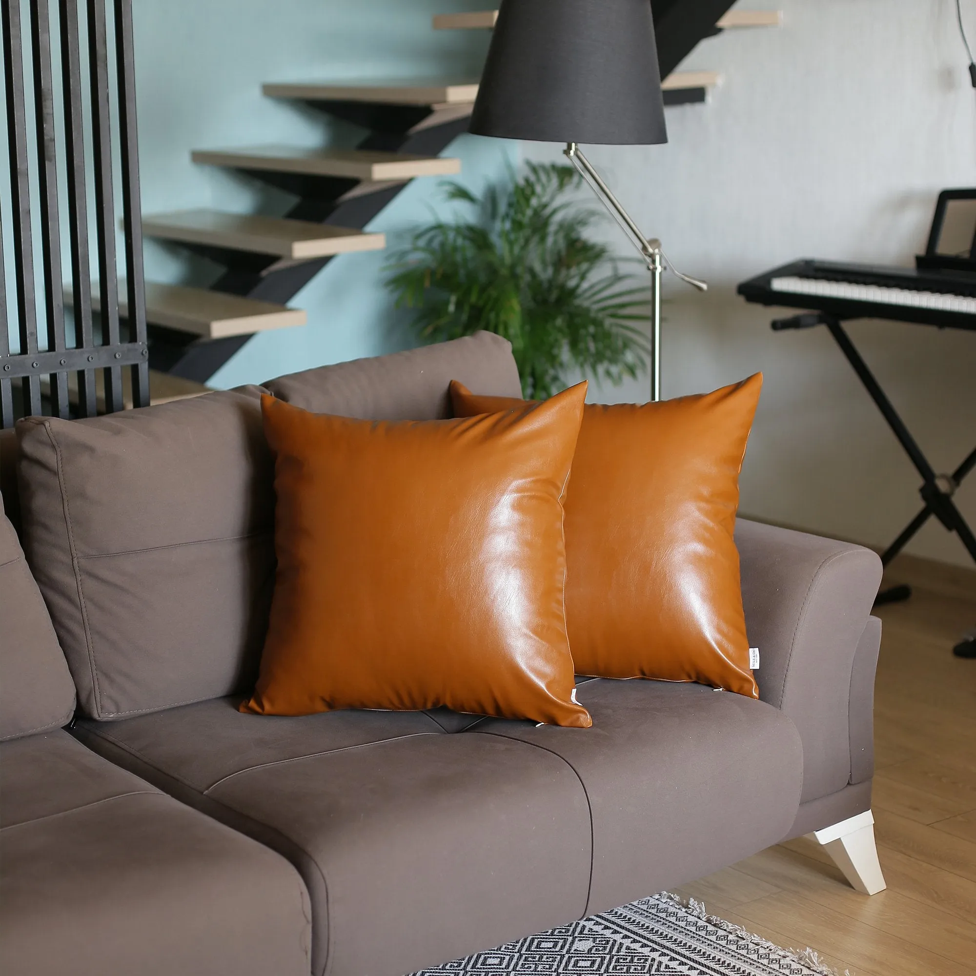 Set of 2 Warm-toned Solid Brown Faux Leather Pillow Covers