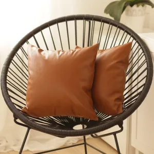 Set of 2 Warm-toned Solid Brown Faux Leather Pillow Covers