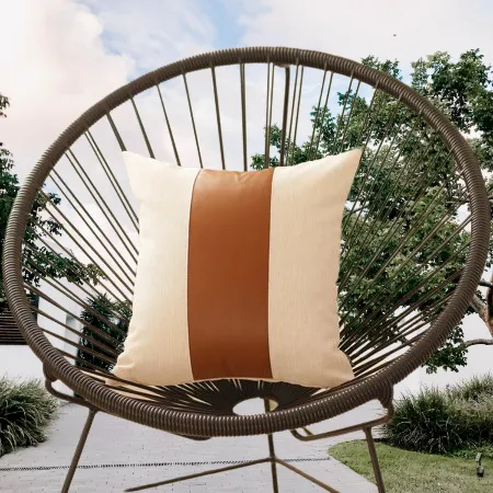Set of 4 White and Center Brown Faux Leather Pillow Covers