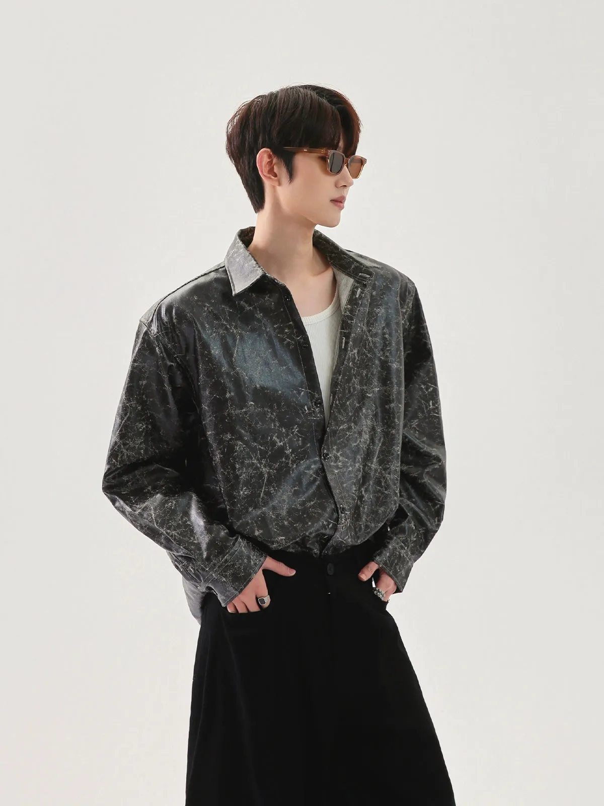 Shiny Cracked PU Leather Shirt