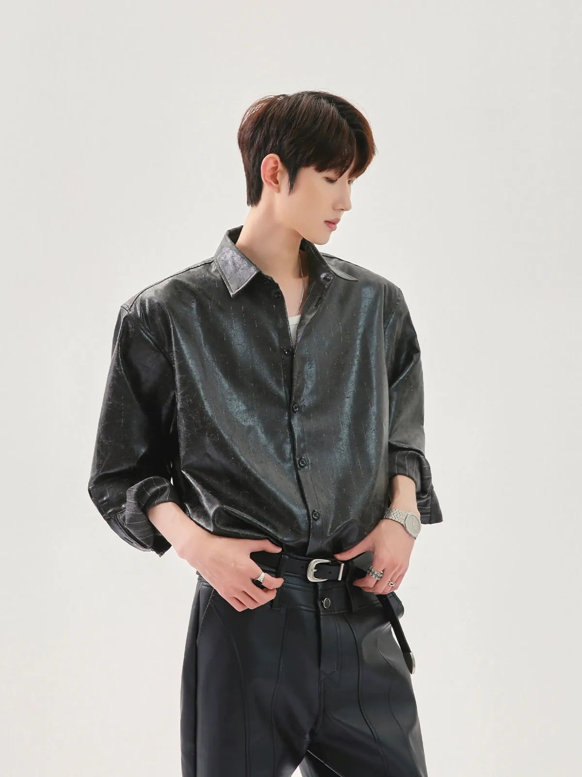 Shiny Cracked PU Leather Shirt