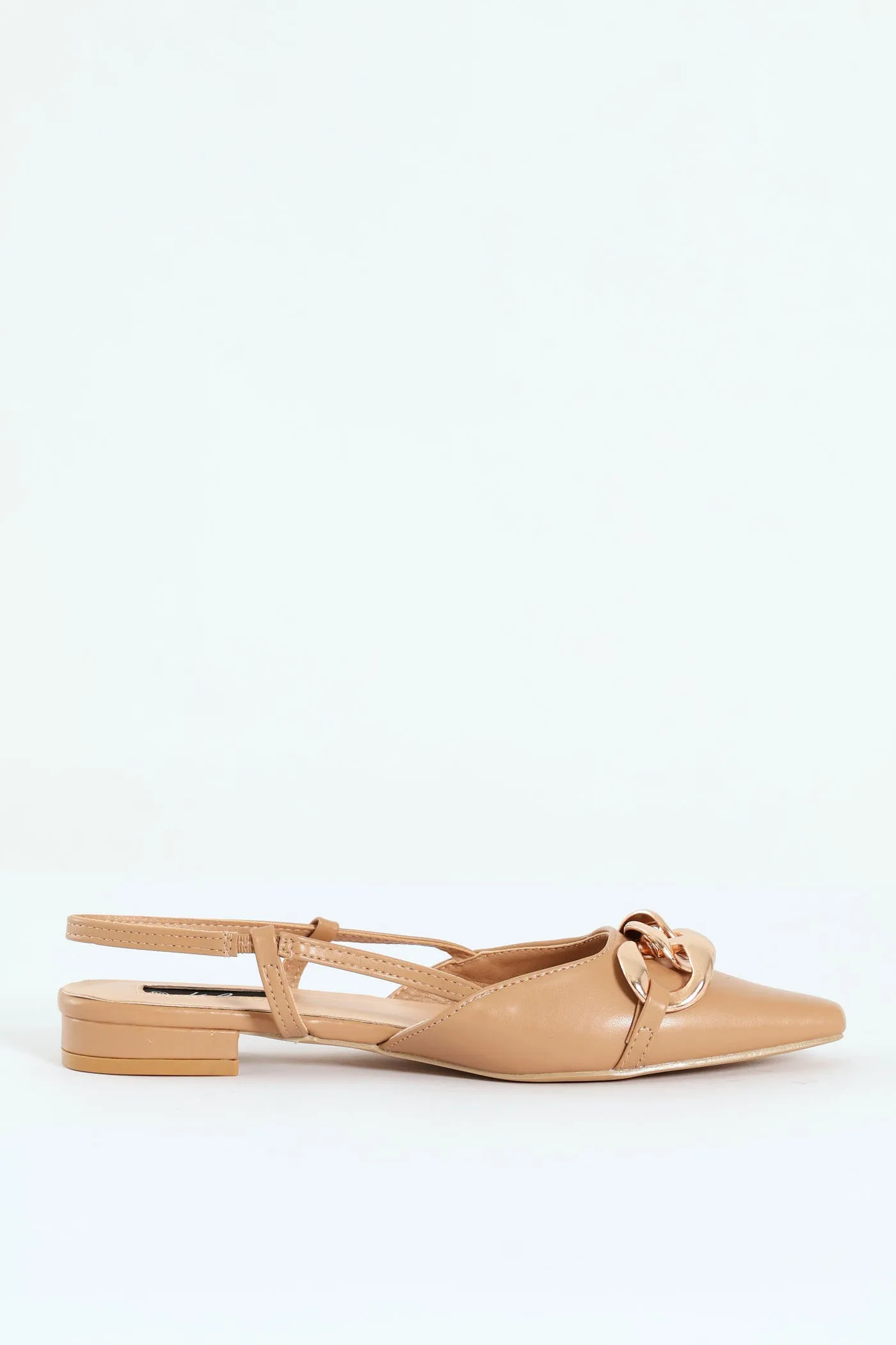 Square Toe Slingback Low Block With Chain Trim - Taupe
