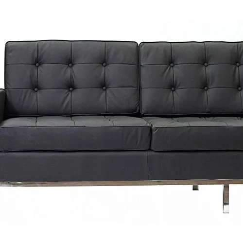 Steel Framed Leather Upholstered Three Seater Couch, Black And Silver