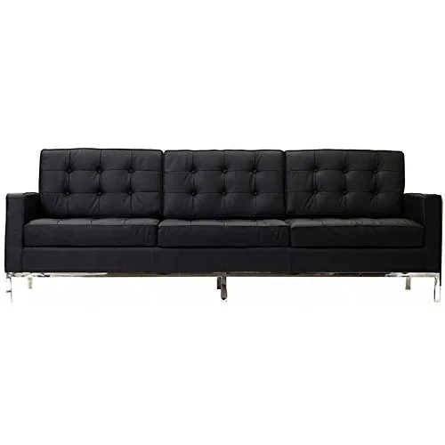 Steel Framed Leather Upholstered Three Seater Couch, Black And Silver