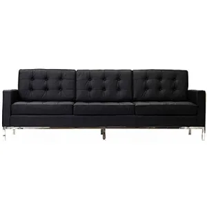 Steel Framed Leather Upholstered Three Seater Couch, Black And Silver