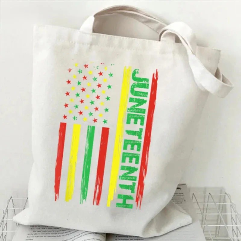 Stylish Canvas Juneteenth Tote Bags for Women - Harajuku-Inspired Handbag, White & Black