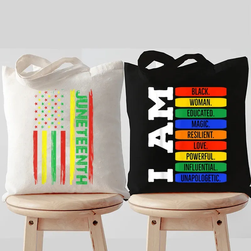 Stylish Canvas Juneteenth Tote Bags for Women - Harajuku-Inspired Handbag, White & Black